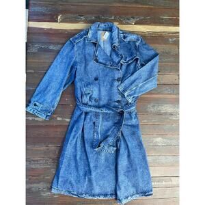 GAP Denim Trench Coat XL Tall Belted Long Blue Double Breasted